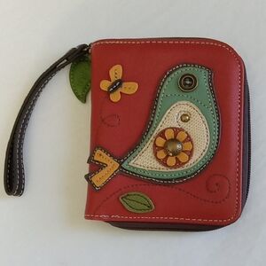 Chala Red Bird Applique Zip Wristlet Wallet with Teal and Yellow Accents